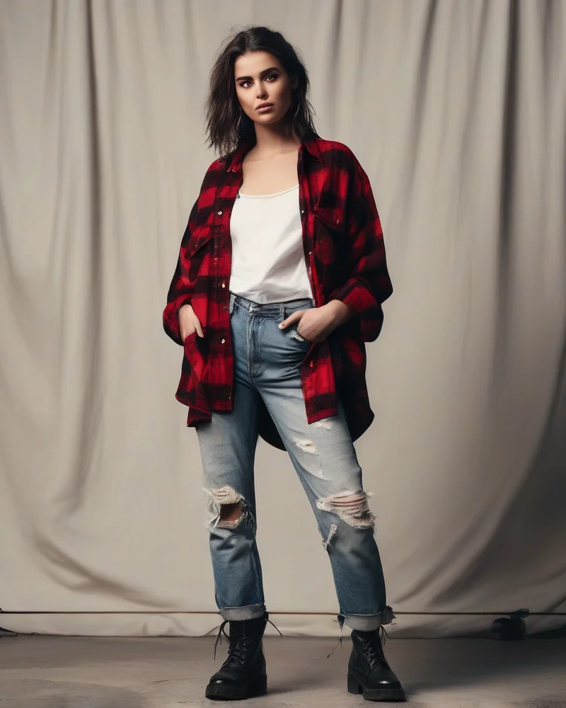 Woman wearing a plaid flannel and distressed jeans for a Noah Kahan concert outfit.