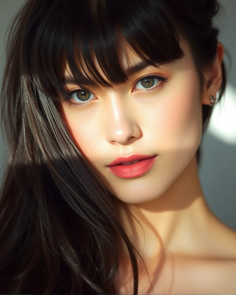 Model wearing modern Korean-style curtain bangs with soft layers.