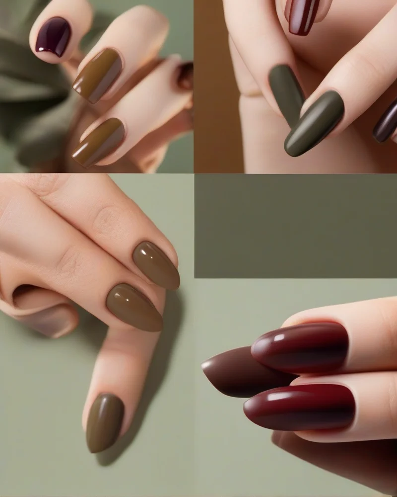 Close-up photograph of four hands displaying dominant September nail colors: elegant olive green, opulent deep burgundy, sophisticated chocolate brown, and vibrant burnt orange. Each hand features a perfectly applied, long-lasting nail lacquer, some with a high-shine glossy finish and others with a modern matte top coat, against a soft, seasonally appropriate blurred background featuring subtle autumn leaves and cozy textures. This image highlights fall nail trends and the transition to warm earthy tones for a chic September manicure, showcasing the rich hues and autumnal aesthetic.