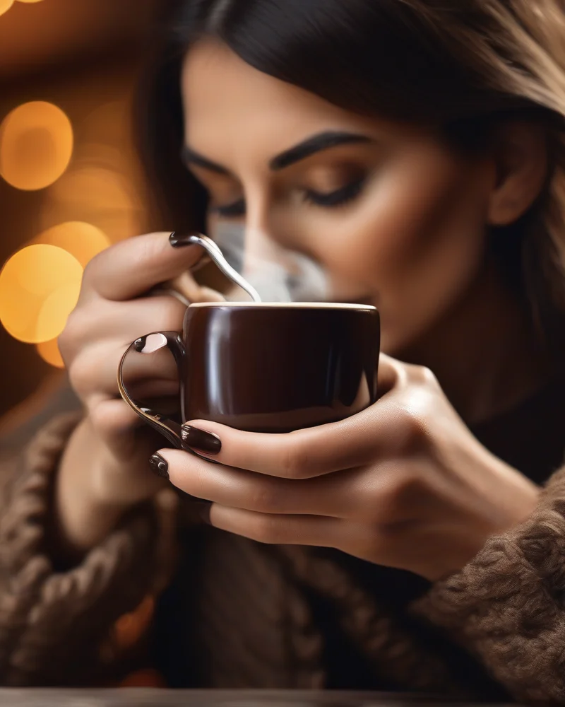 A close up image of a woman with glossy espresso colored nails holding a hot coffee mug, representing the trendy autumn nail aesthetic.
