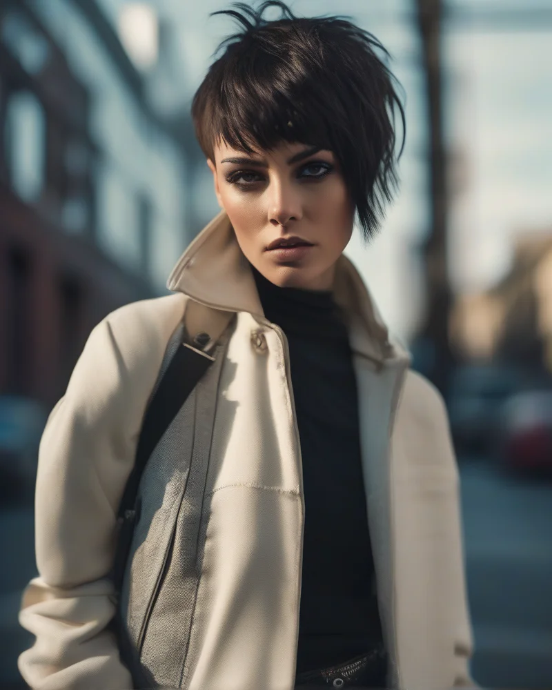 A woman confidently sporting an edgy alt haircut that represents modern self-expression and the shift away from traditional beauty standards.