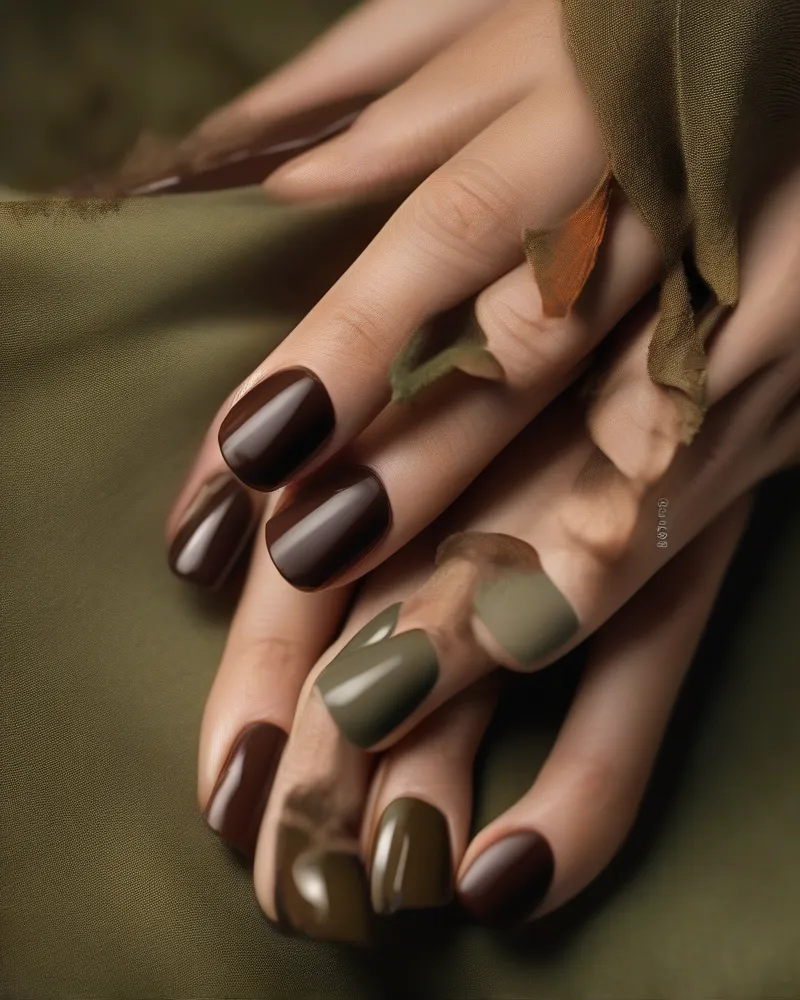 Close up of trendy September manicure featuring earthy tones like olive green, terracotta, and chocolate brown nail polish on almond shaped nails.