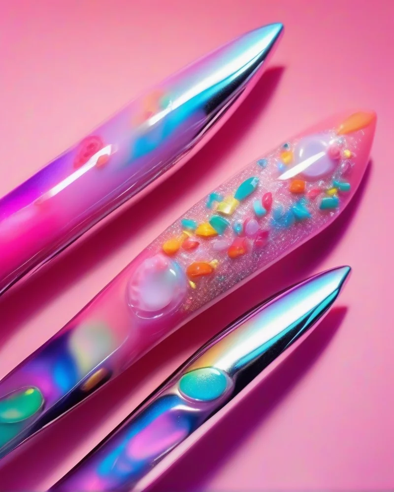 A close-up shot of trendy Y2K nail art featuring long stiletto nails with chrome details and colorful jelly finishes.