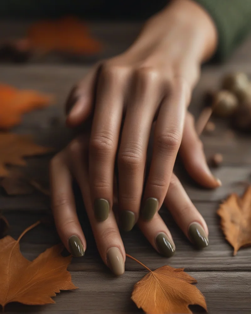 Simple September Nails 2 A selection of trendy autumn nail polish shades including burnt orange, olive green, and creamy taupe on well-manicured nails, representing a simple and elegant September nail transition.