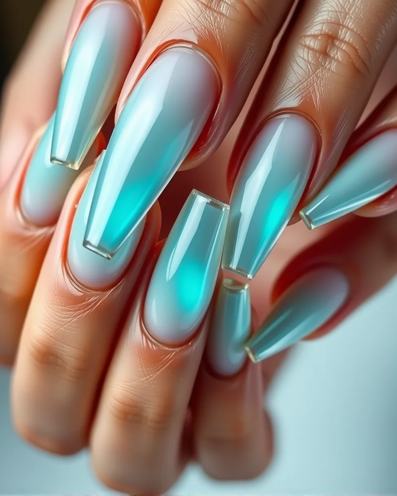 Aura chrome summer nails 2026 style on long coffin nails.