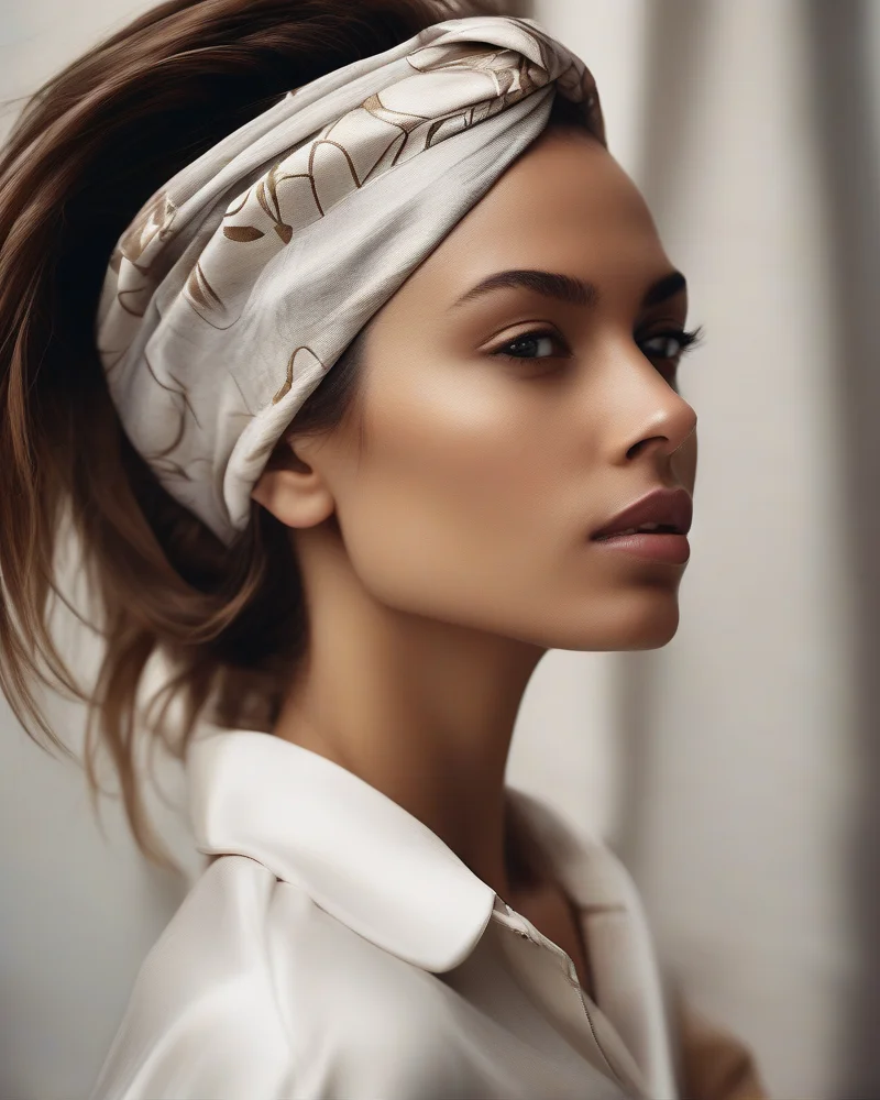 A stylish woman wearing a silk bandana to protect her hair and mask oily roots, demonstrating a chic bad hair day solution.