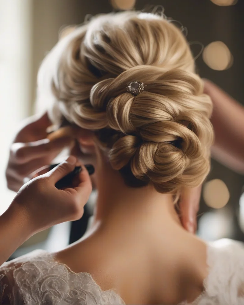 Professional hairstylist applying texturizing powder to create the perfect grip for a bohemian bridal updo.