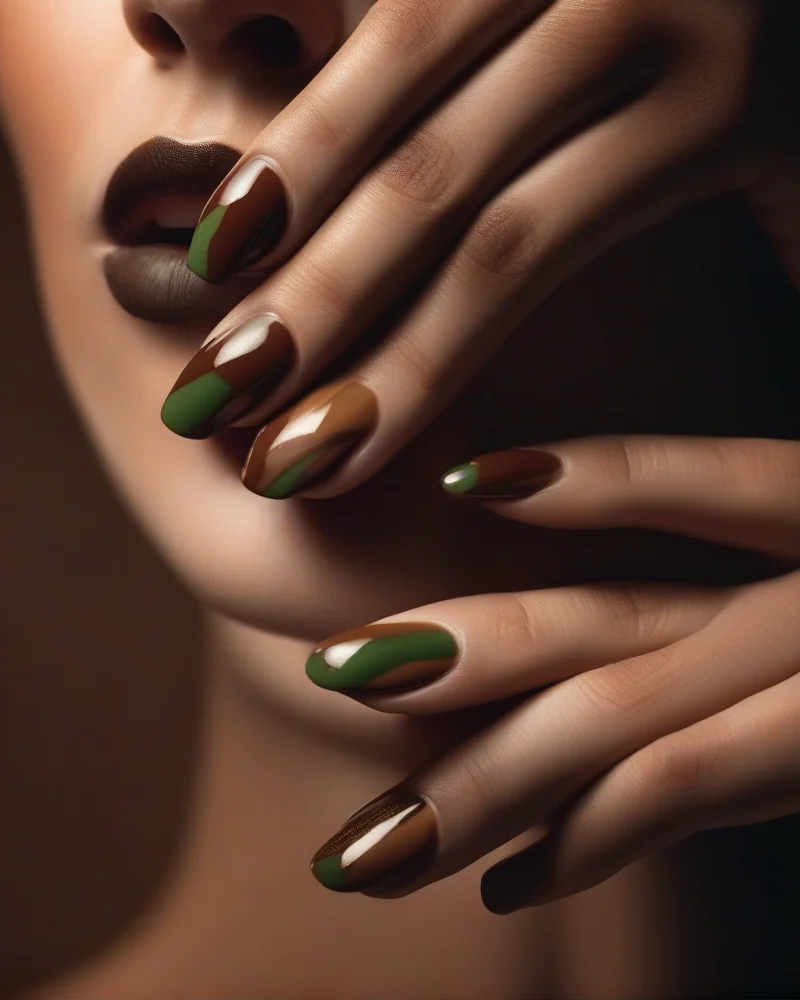 Nail Inspo September 2 Close-up of a seasonal autumn manicure featuring trendy nail polish colors including terracotta, moss green, and chocolate brown against a soft knit fabric.