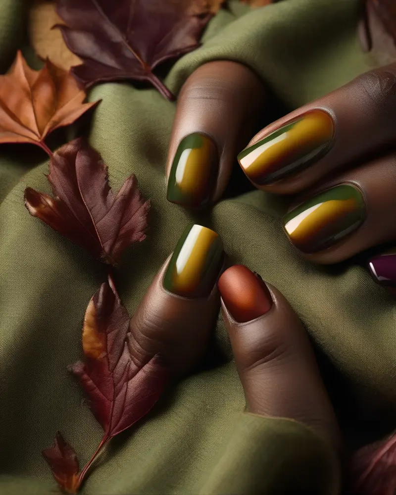 Close-up of premium nail polish colors for September including moss green, burnt orange, and deep plum shades.