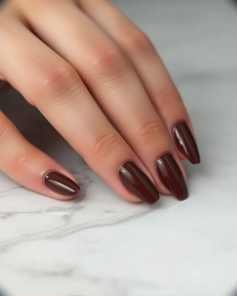 15 Simple Fall Nails That Are Defining Autumn Elegance 2 Short almond shaped nails with dark espresso brown nail polish on a marble surface.