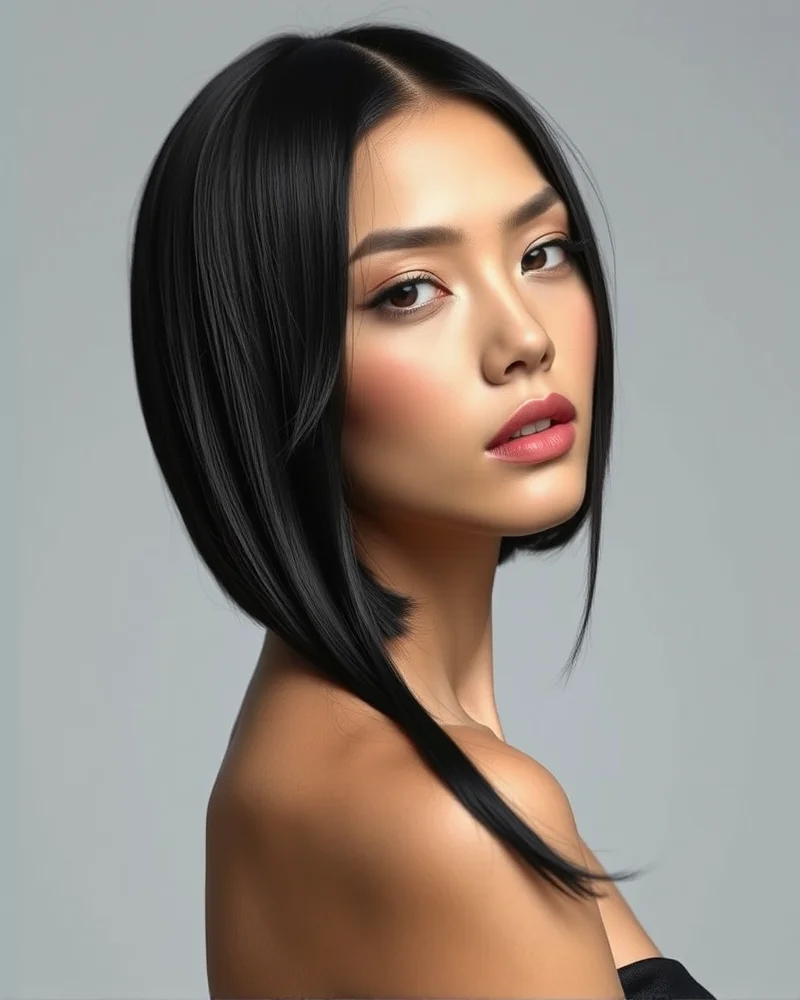 Model with ultra-shiny, glossy jet black hair styled straight.