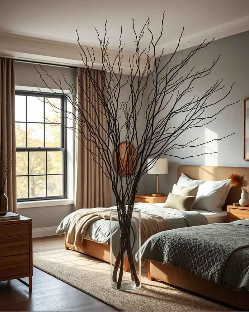 Bedroom interior featuring a large sculptural vase with dried fall branches.