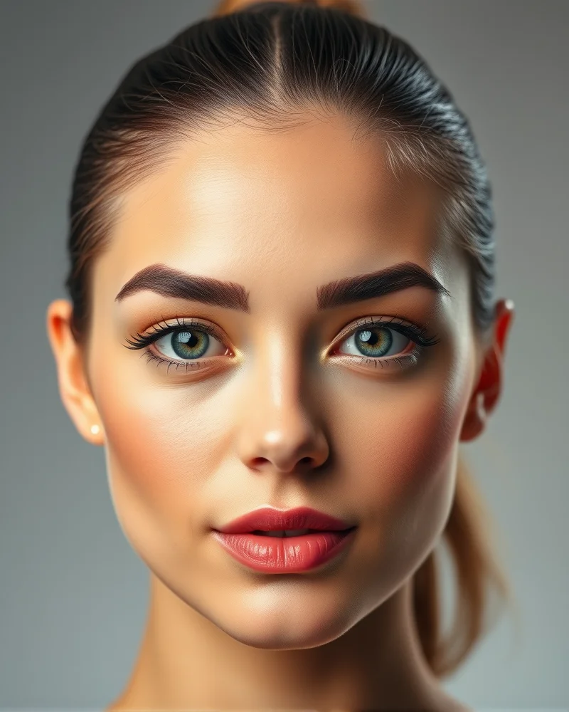 Close-up of brushed-up eyebrows and a sleek ponytail, showcasing the clean girl makeup look.