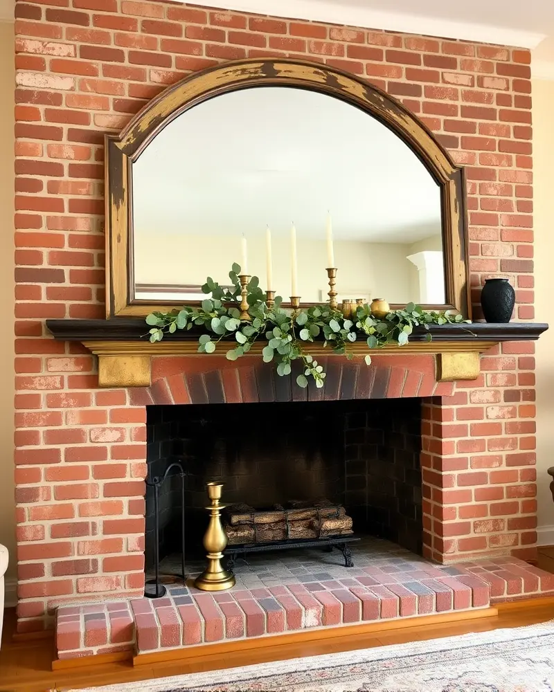 Layered fall mantle decor with an arched mirror, brass accents, and dried eucalyptus foliage.