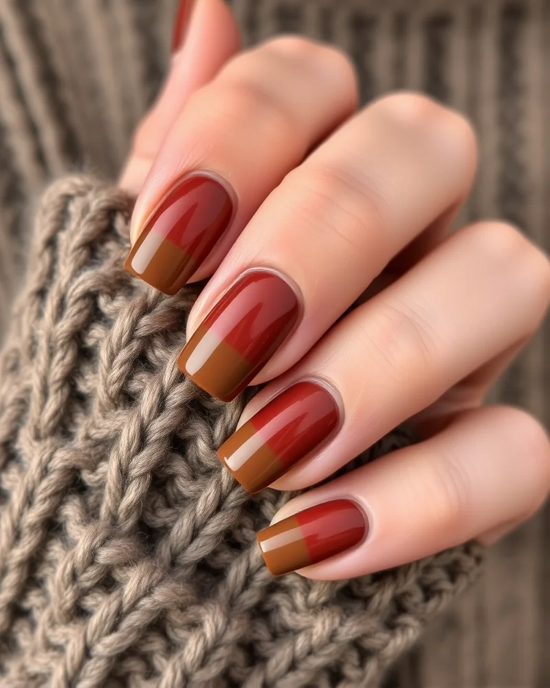 Gradient earthy tone square nails on a cozy sweater.