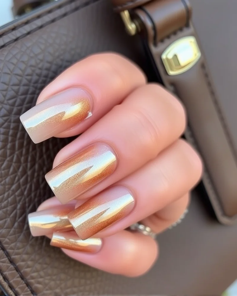 10 Chic End of Summer Nails Ideas to Transition Into Autumn 3 Square nails with a bronze chrome glazed finish.
