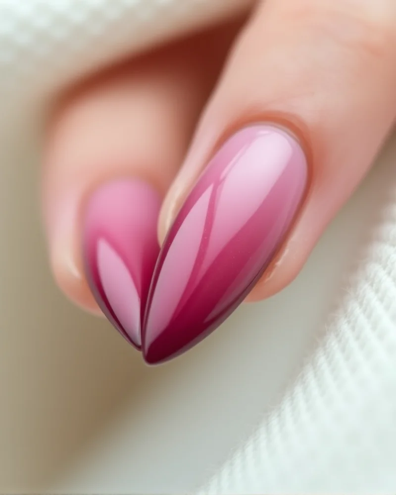 Stiletto nails showing a beautiful ombré transition from dusty rose to deep plum, ideal for late summer into fall.