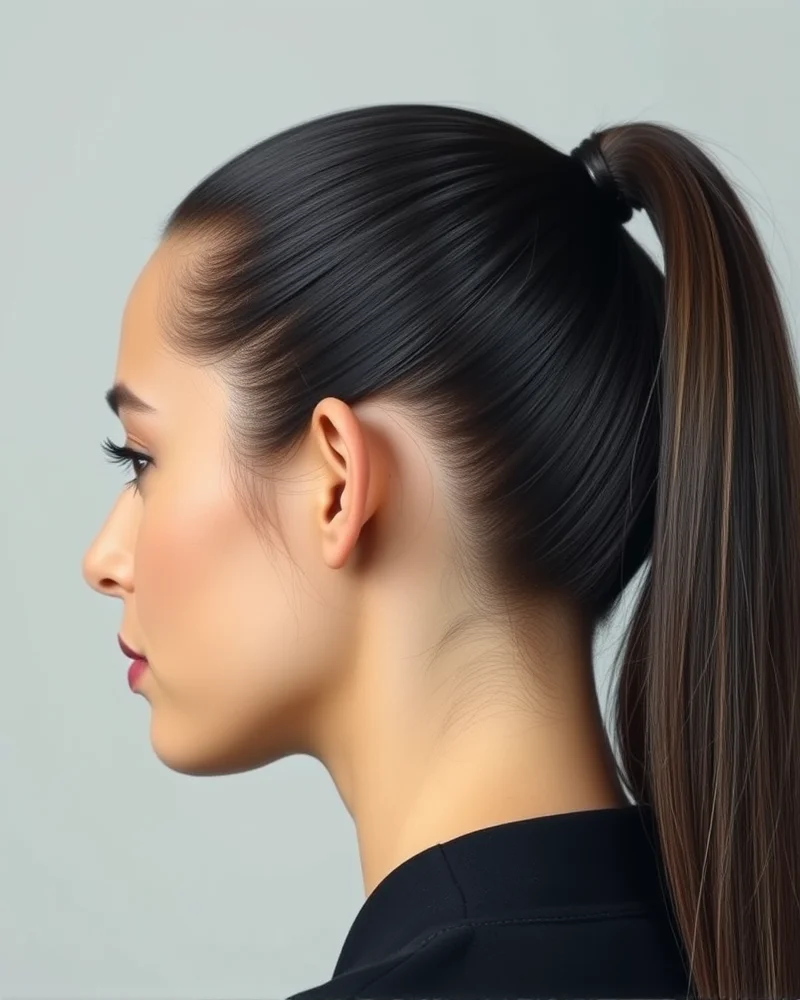 10 Picture Day Hairstyles That Guarantee a Flawless School Portrait 3 A model wearing a sleek high ponytail for a clean girl aesthetic portrait.