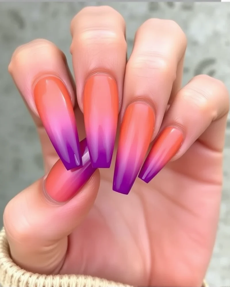 10 Trendy Nails for August: The Ultimate Guide to Late Summer Manicures 3 Sunset gradient nail art on coffin shaped nails, vibrant August aesthetic.