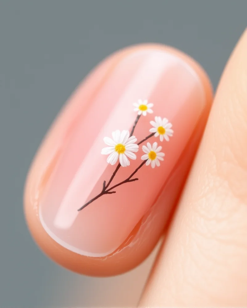 Fresh spring nail trends for short nails featuring micro-floral artwork on round nails.