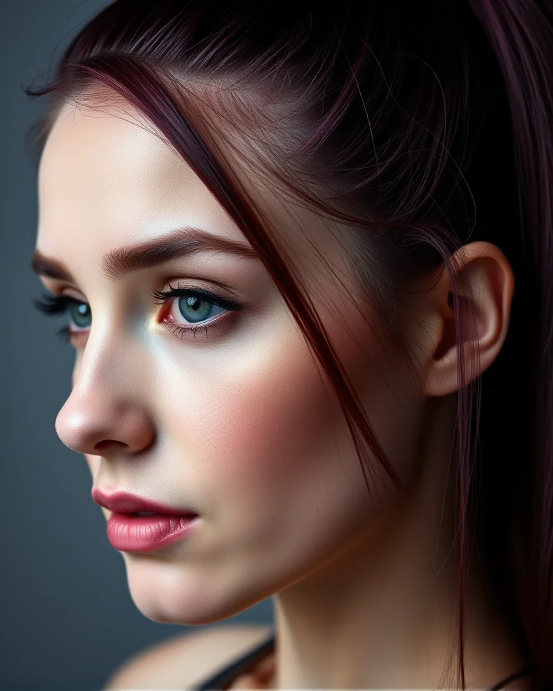 A woman with cool-toned pale skin and shiny plum-burgundy hair in a high ponytail.
