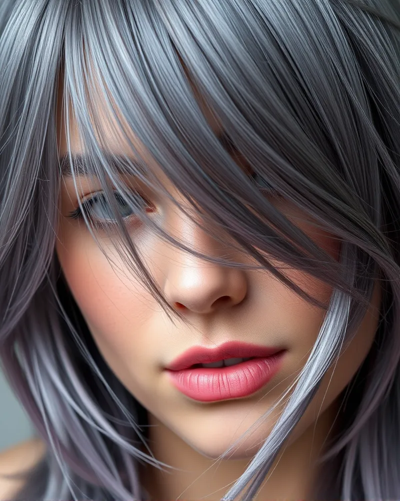 Model with high-fashion, vibrant ash-gray hair color.