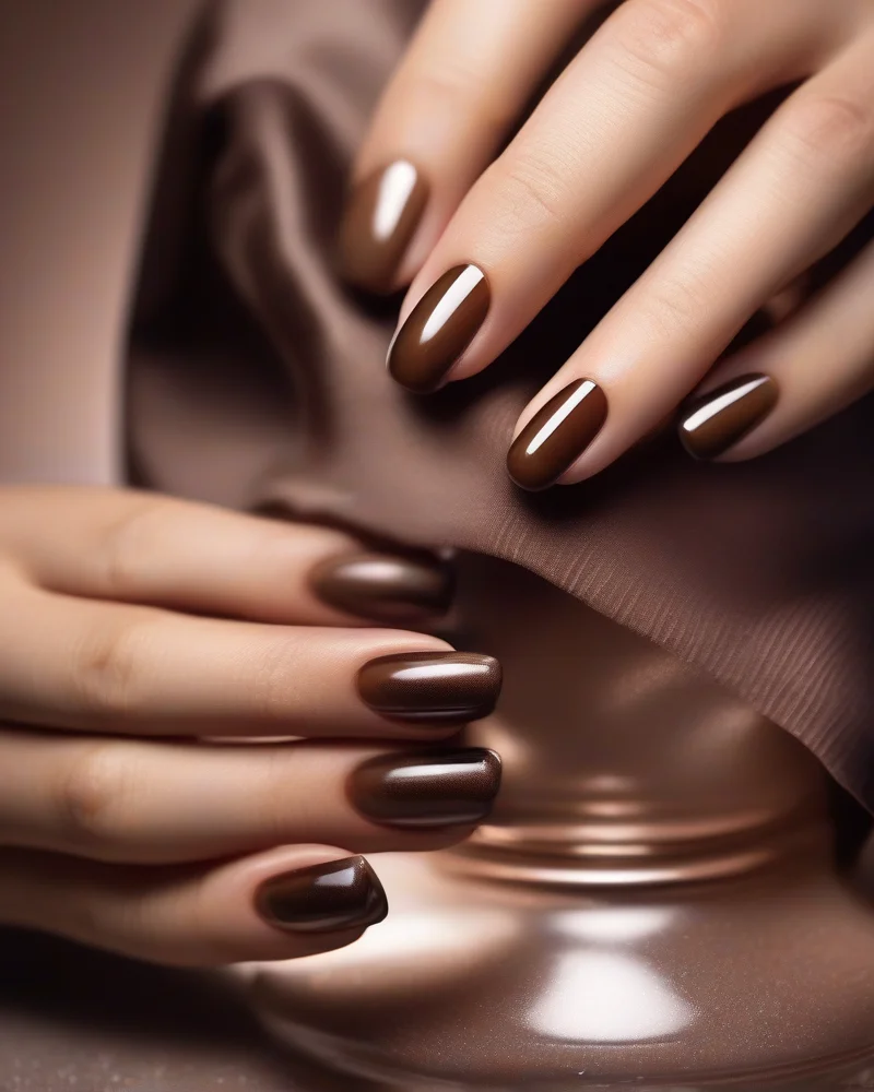 Close up of an autumn-inspired manicure featuring a chocolate brown glaze over chrome powder.