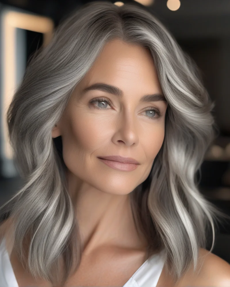 Lowlights and Highlights for Aging Hair 3 A professional hair color transformation showing dimensional highlights and lowlights on aging hair to create the illusion of volume and density.