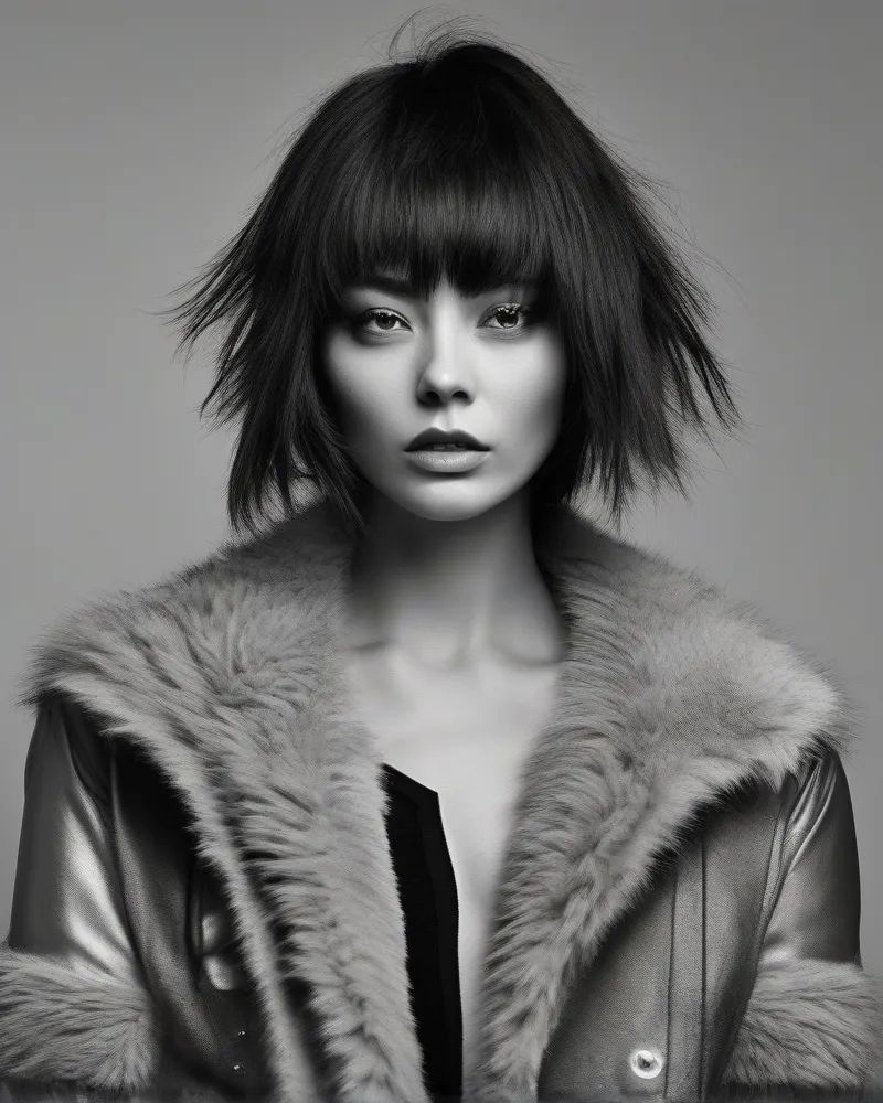 Close-up portrait of a woman wearing a modern wolf cut featuring heavy shaggy layers and piecey textured bangs in a high-contrast editorial setting.
