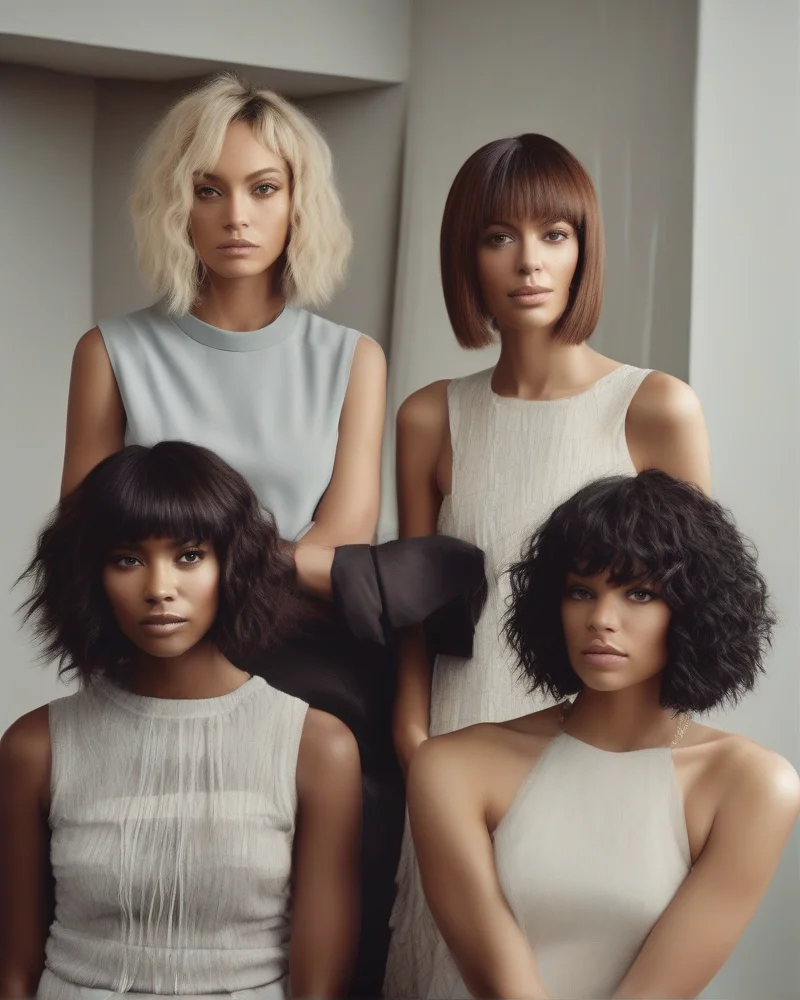 A collage showing various shaggy bob hairstyles for different face shapes, including chin-length cuts for heart faces and collarbone-length shags for round and square faces in a 90s aesthetic.