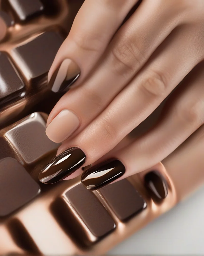 Close-up of Espresso Chrome nails featuring a glossy dark brown metallic finish.