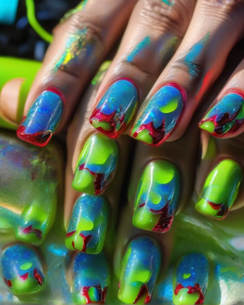 Close-up of a stylish hand showcasing Y2K nail art trends including jelly red, electric green, and futuristic blue chrome nails under direct summer sunlight.
