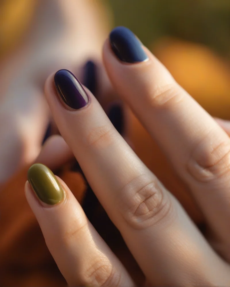 Transition Nails Summer to Fall 3 A professional nail polish color palette for autumn transition featuring terracotta, sage green, deep berry, muted mustard, and midnight navy on almond-shaped nails.