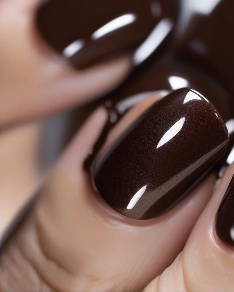Nail Ideas September 3 Close-up of Espresso Glazed nail art featuring deep chocolate base coat with chrome powder finish.