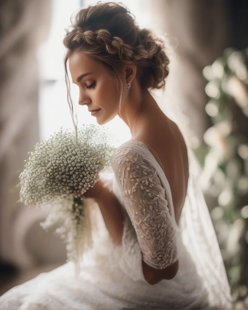 A stunning bridal boho updo for long hair featuring a thick fishtail braid, a loose low-slung knotted chignon, and delicate floral accessories for a wedding day.