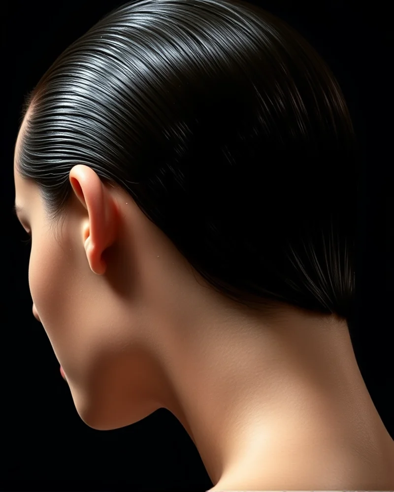 A high-gloss wet-look slick back hairstyle, perfect for evening wear.