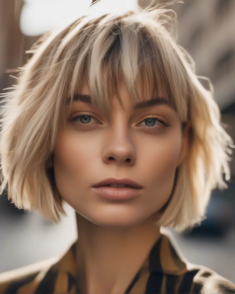 A close up view of a trendy shaggy bob haircut featuring 90s style chunky highlights and prominent money pieces.