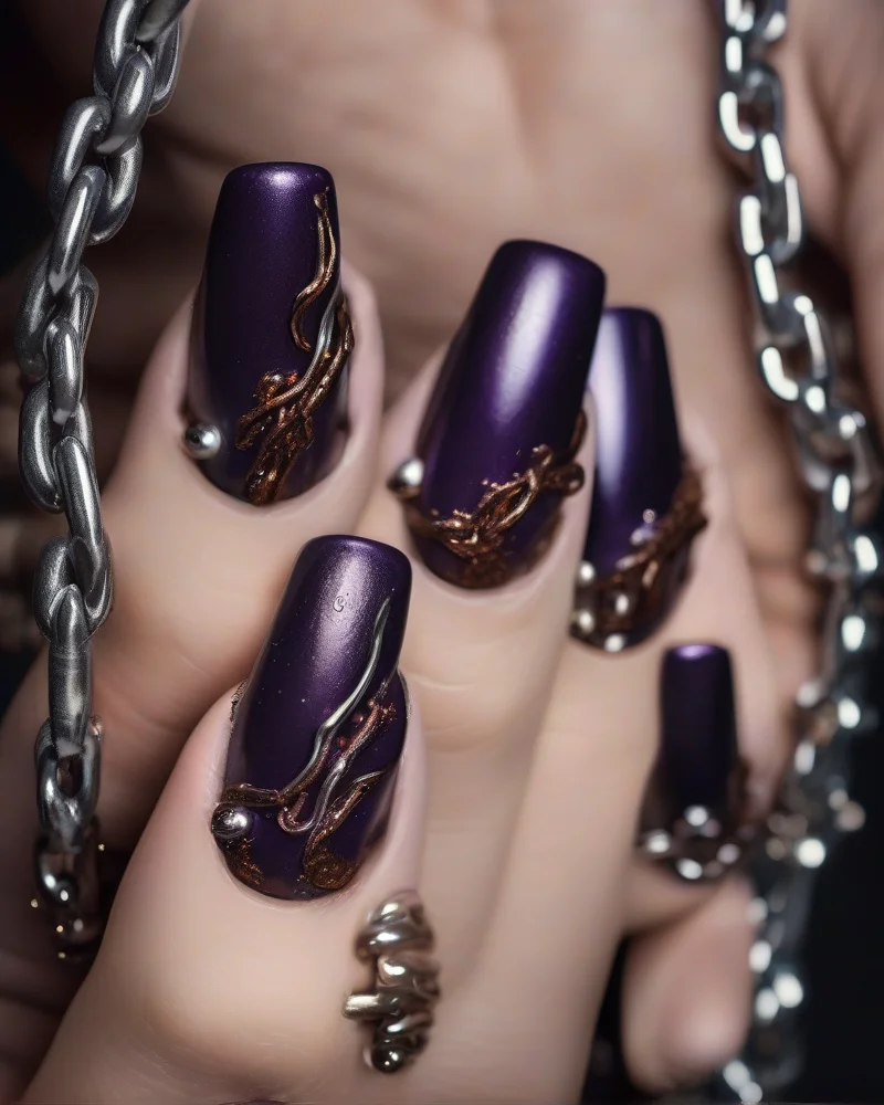 Y2K Grunge nail art featuring metallic brown and dark purple tones with silver hardware for an autumn aesthetic.