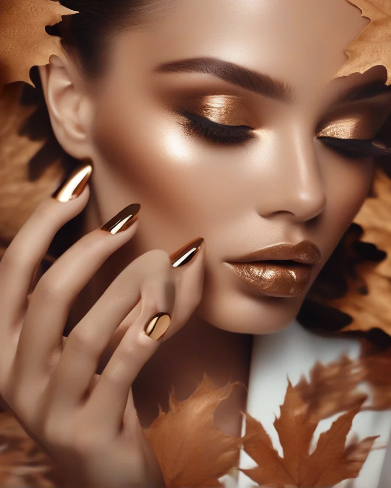 Transition Nails Summer to Fall 10 Minimalist bronze chrome nails showcasing a mirror-like finish, ideal for transitioning from summer to fall fashion.