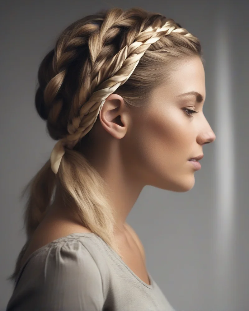 Professional woman with a sophisticated Dutch braid integrated into a colorful bandana wrap for a bad hair day.