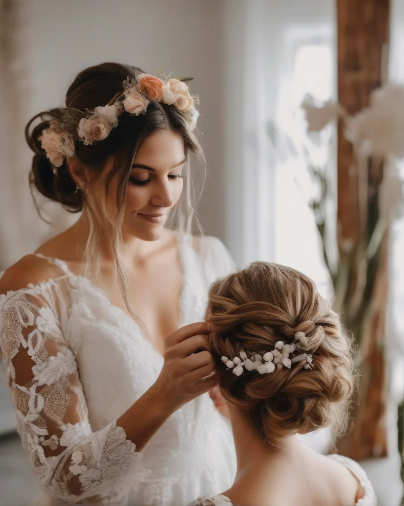A professional hairstylist performing a bridal hair trial for a boho-style wedding updo.