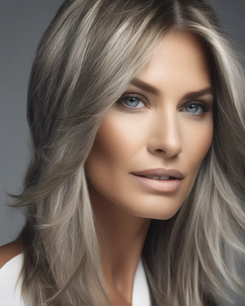 Lowlights and Highlights for Aging Hair 11 Close up of healthy, multidimensional hair with blended highlights and lowlights for a mature woman.