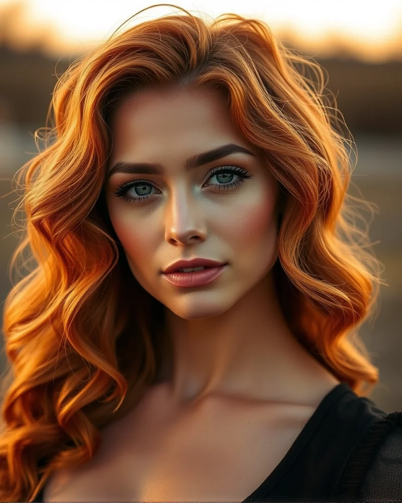 Woman with vibrant copper-colored hair in a soft golden hour glow.