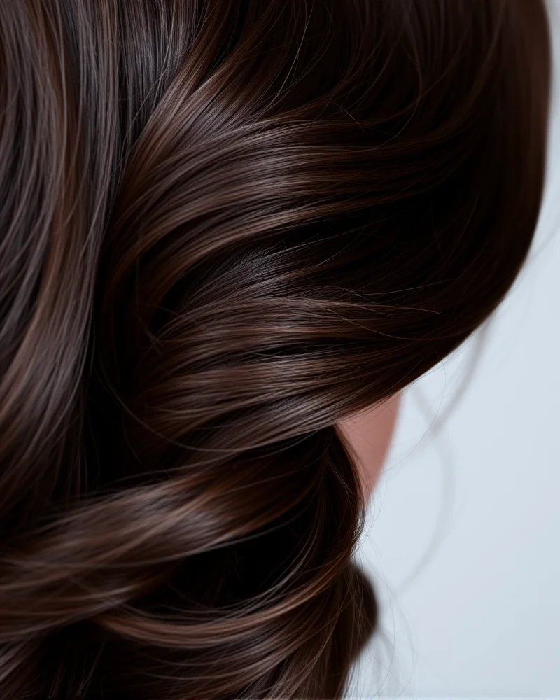7 Stunning Brown Hair Color Trends for Every Skin Tone 4 Model with rich, shiny chocolate brown hair in vintage waves.