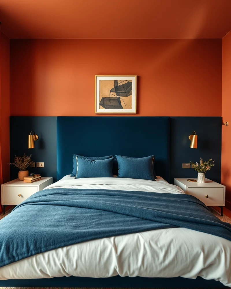Modern bedroom featuring a color palette of terracotta and navy blue for a fall aesthetic.