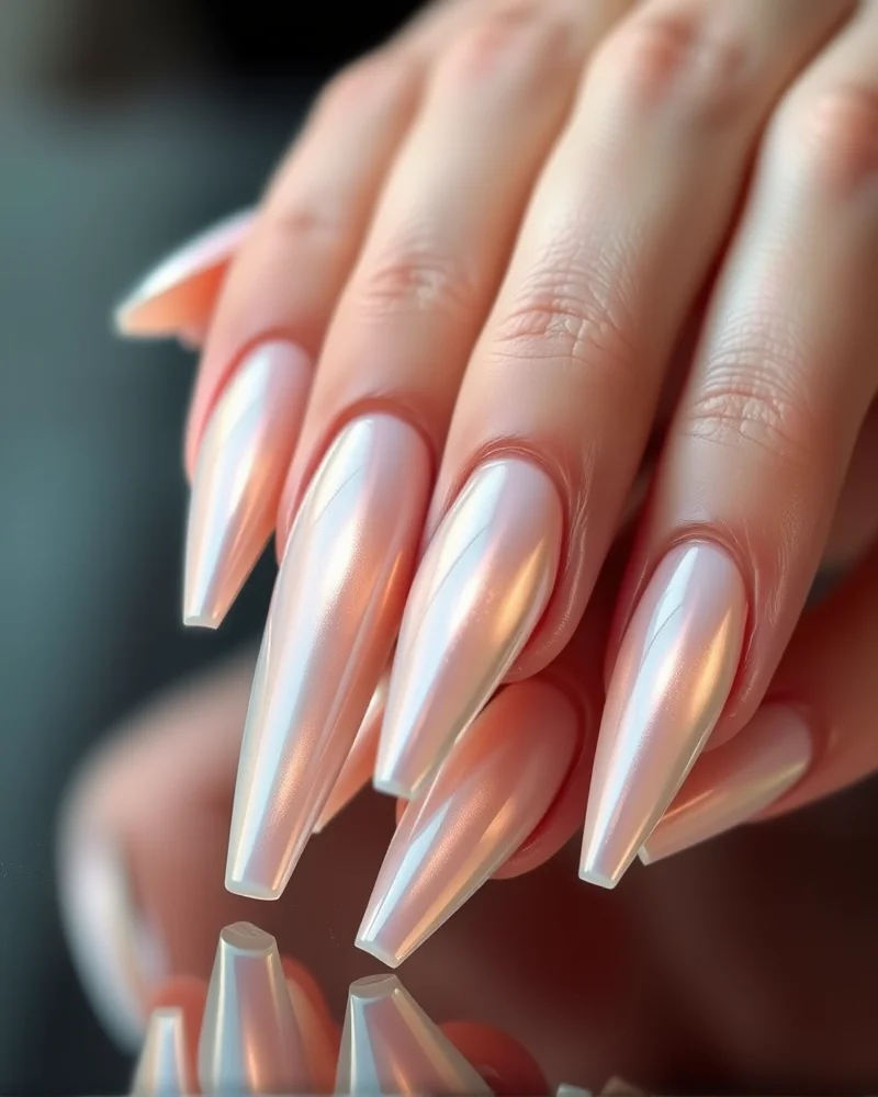 15 Chic & Simple August Nails to Elevate Your Late Summer Aesthetic 4 Glazed pearl chrome simple August nails on stiletto shape.