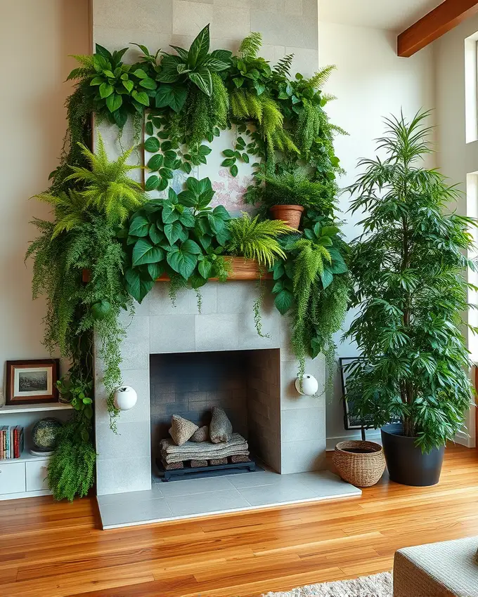 Biophilic-inspired fall mantle decor with cascading greenery and indoor plants.