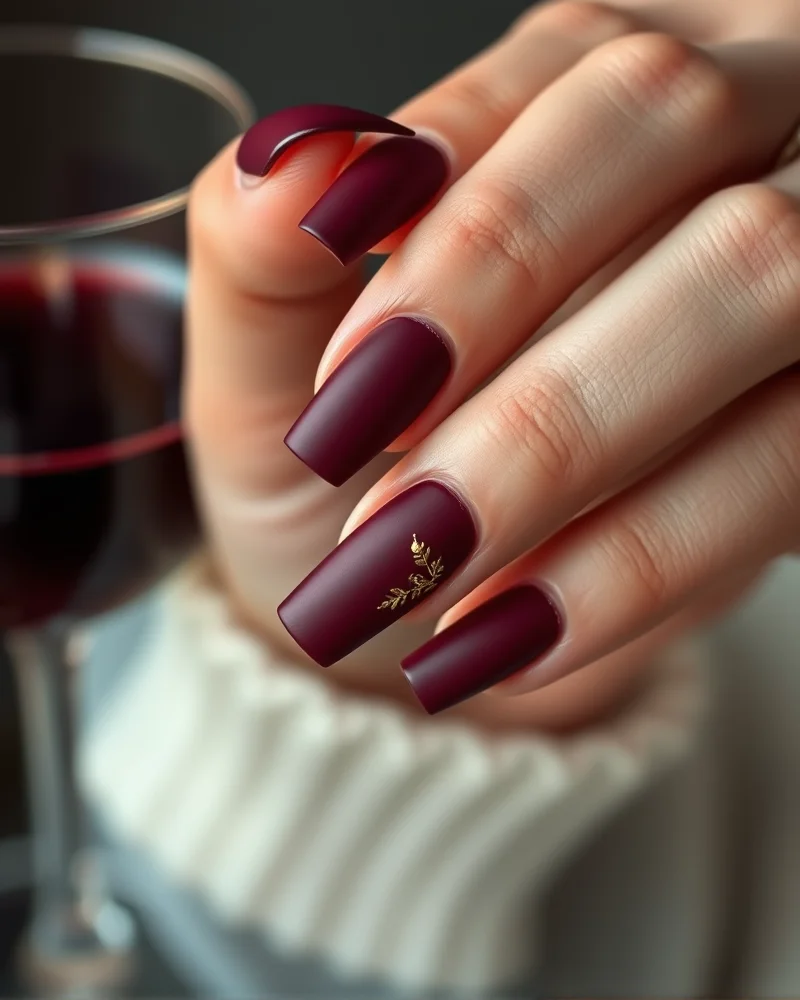 Matte burgundy square nails with gold leaf detail.