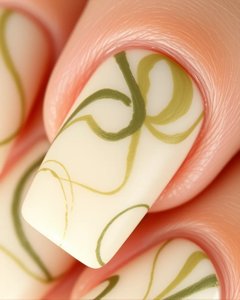 Minimalist square nails featuring olive and moss green swirls on a cream base, matte finish.