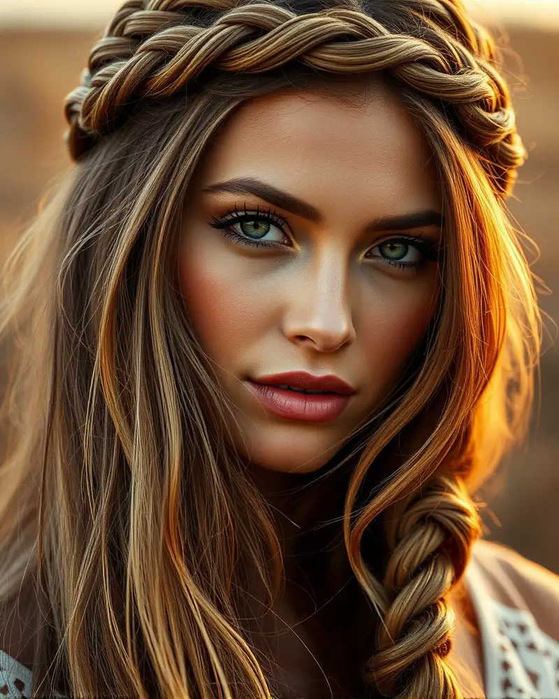 10 Picture Day Hairstyles That Guarantee a Flawless School Portrait 4 A beautiful woman with a bohemian braided crown hairstyle for a portrait.